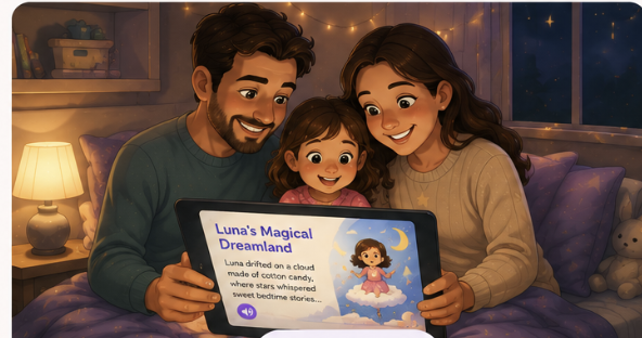 A family reading a personalised bedtime story together