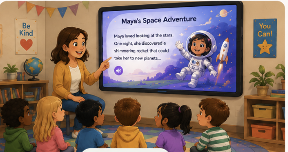A teacher sharing a story with a class of children